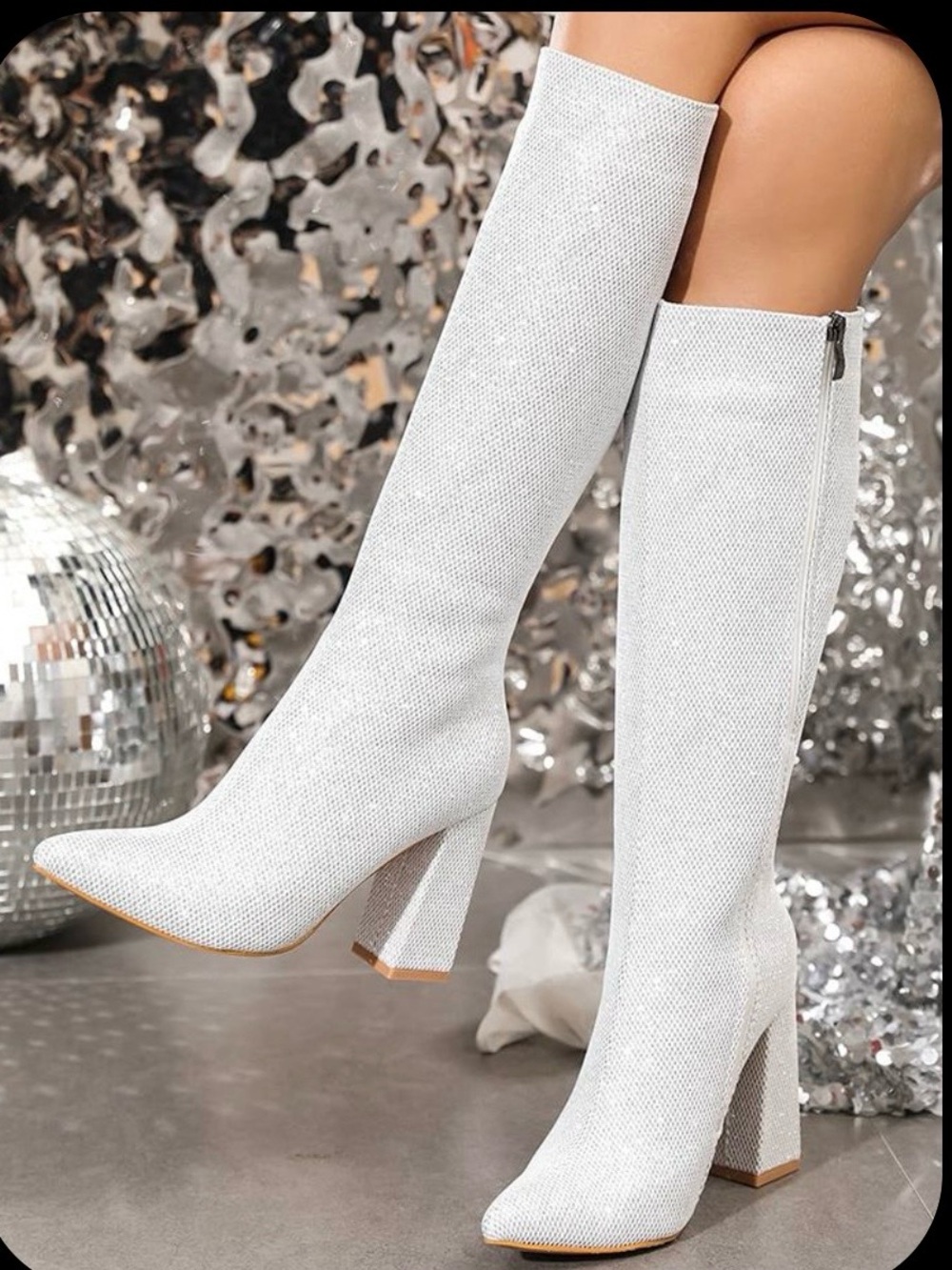 Women’s Silver Glitter Shiny Sequin Chunky-Heel Pointed-Toe Knee-High B